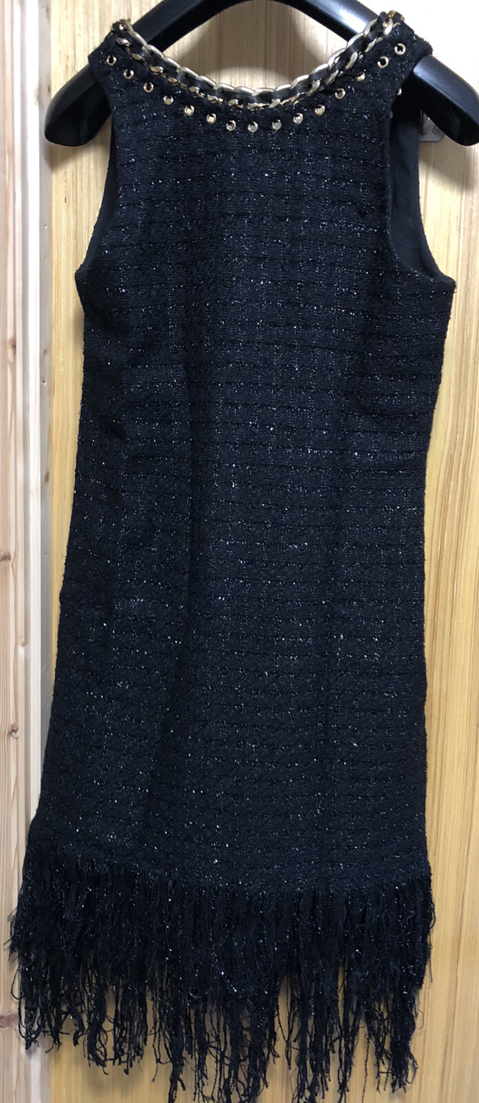 BALMAIN Tweed Fringe Shift Dress 38 M Linen-Blend Chain Trim Black RRP £2,650