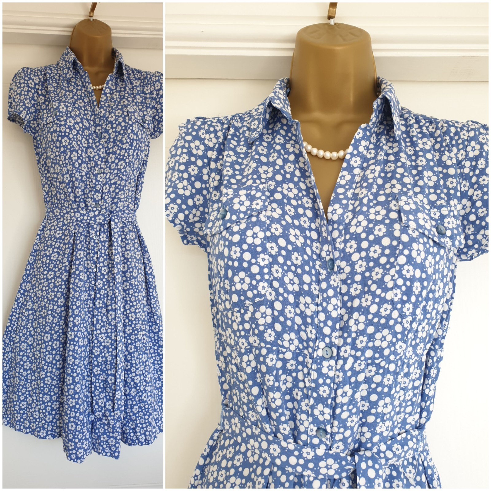 Vintage 1940s 1950s Style blue floral shirt tea party dress Size 10 12 TWINWOOD