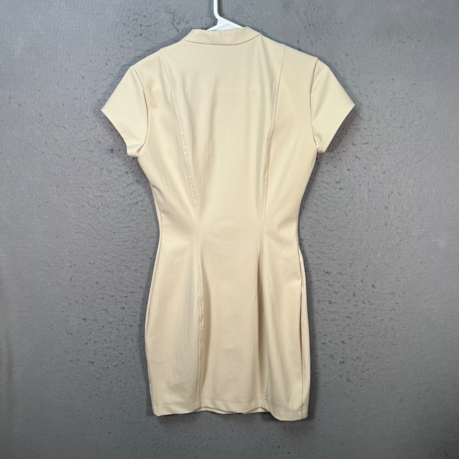 Zara Womens Medium Beige Short-Sleeve Fitted Mini Dress w/ Mandarin Collar