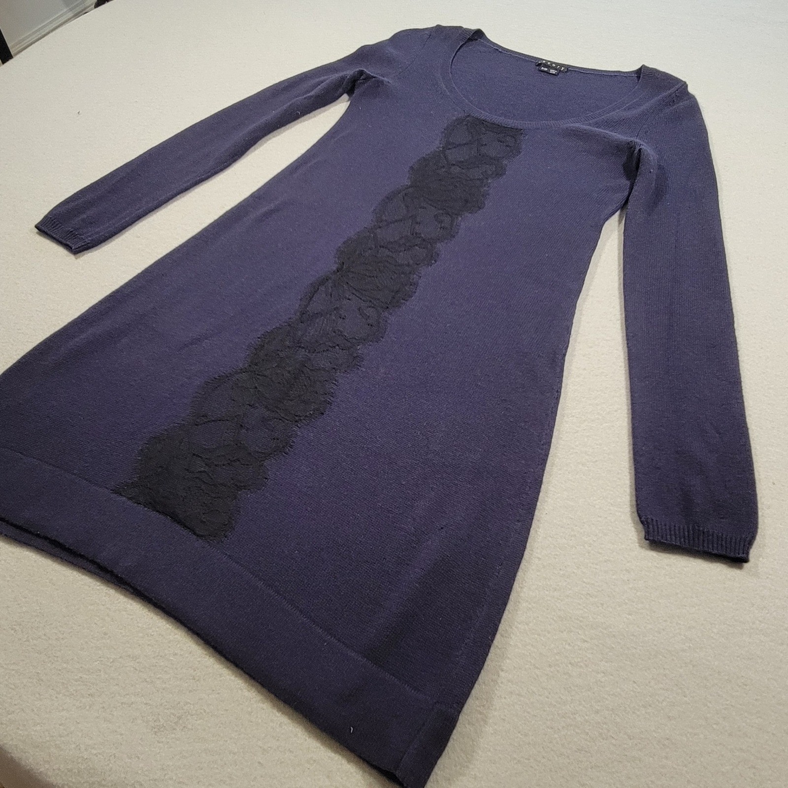 Theory Cashmere Blend Dress Blue Black Women’s Petite Long Sleeve Lace Front