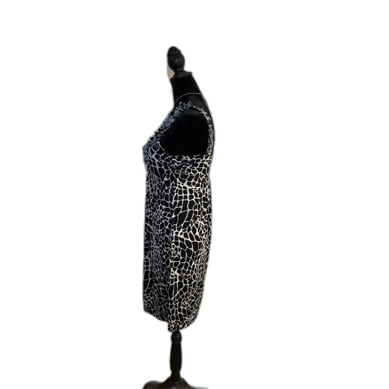 En Focus Studio Black White Animal Print Sheath Dress — Ruffle Neckline