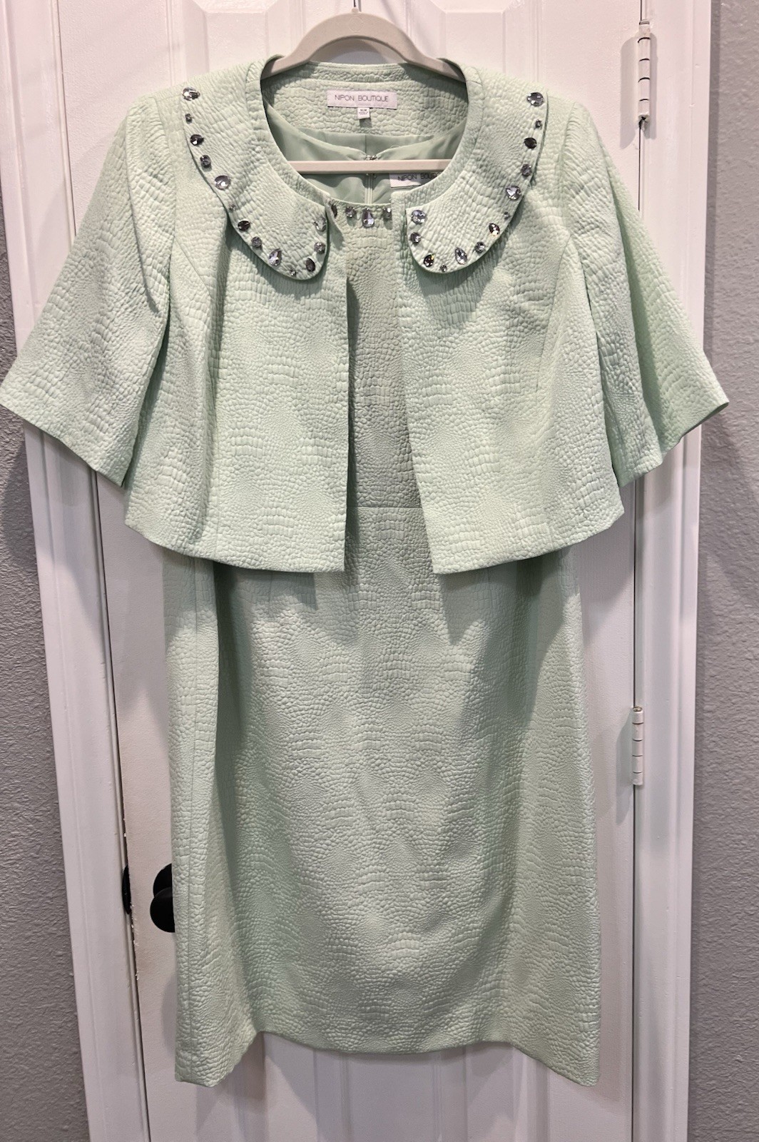Nipon Boutique Mint Green Croc 2Pc Jacket Dress Set Jeweled 16W