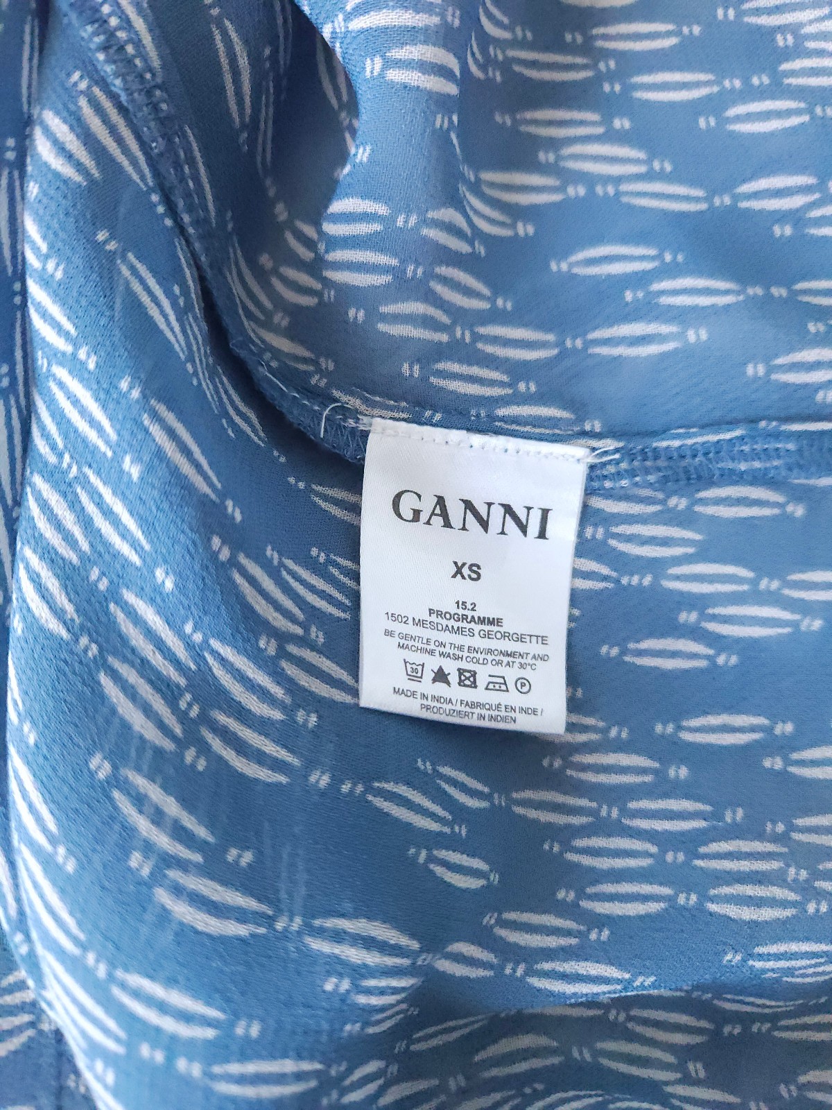 GANNI Pleasing Blouse Top –Size S- M (XS), Blue Viscose Georgette, Made in India