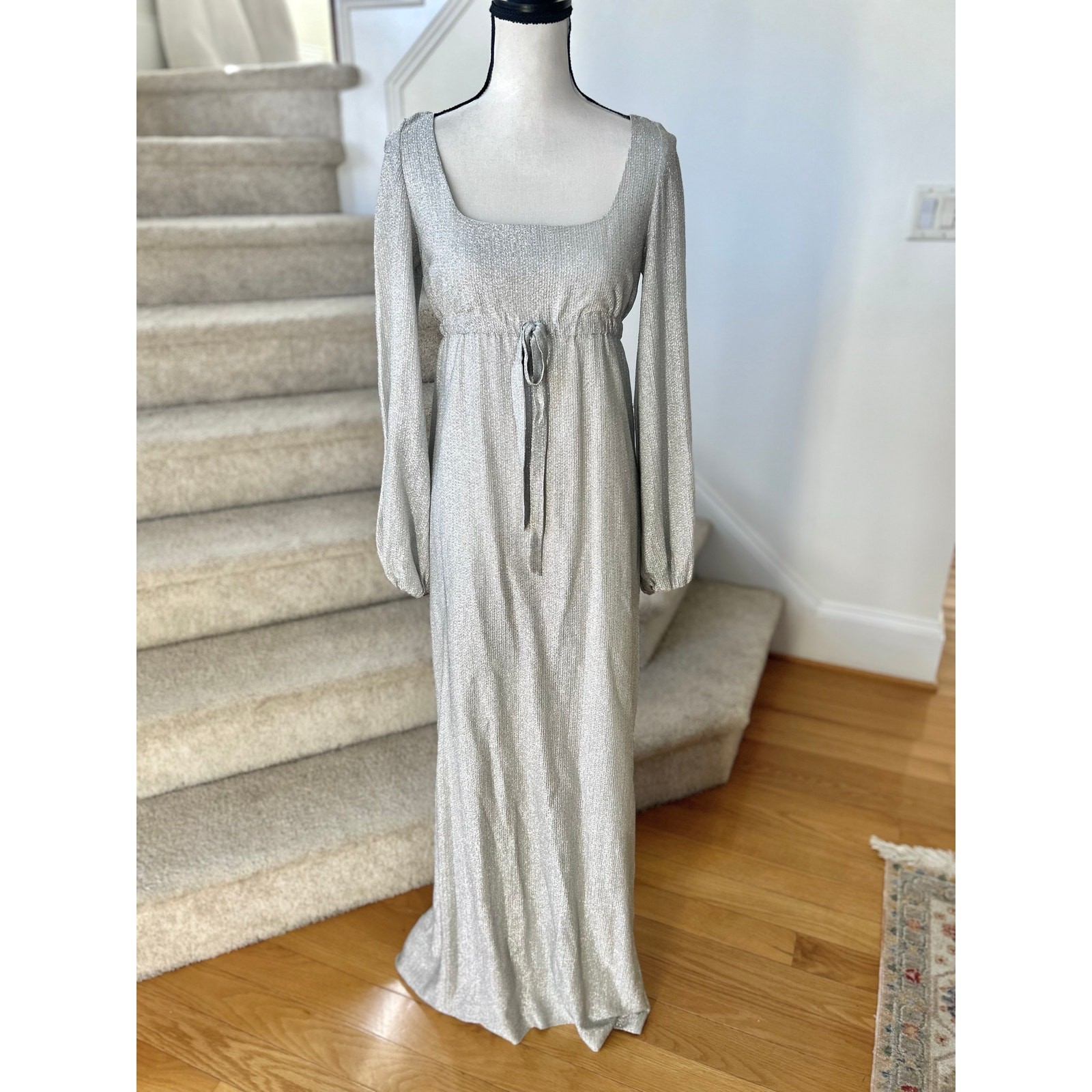 Vintage 1970s Metallic Silver Baby Doll Blouson Sleeve Maxi Hostess Dress