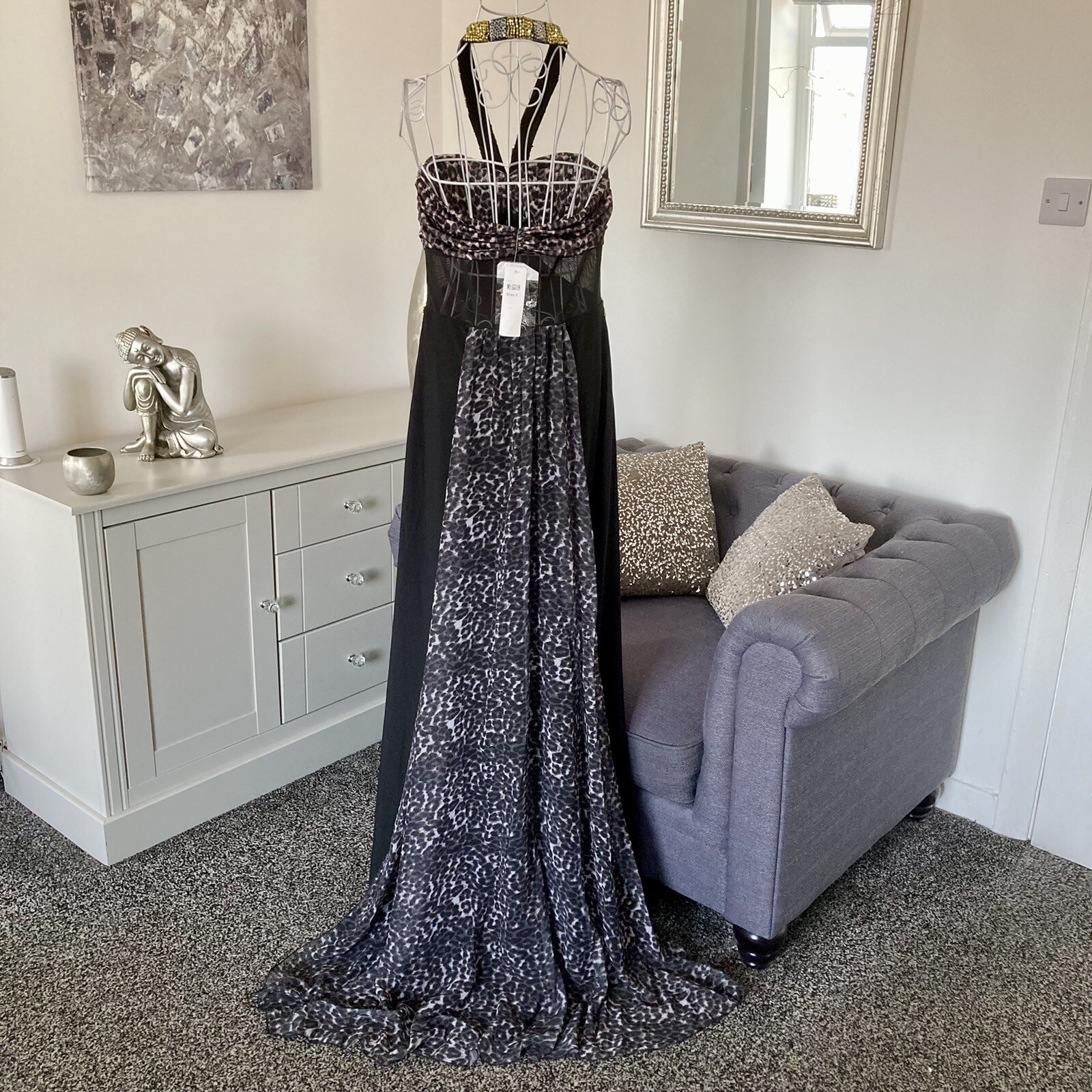 Grey Black Leopard Print Halter Prom Ball Cocktail Occasion Maxi Dress S 8-10