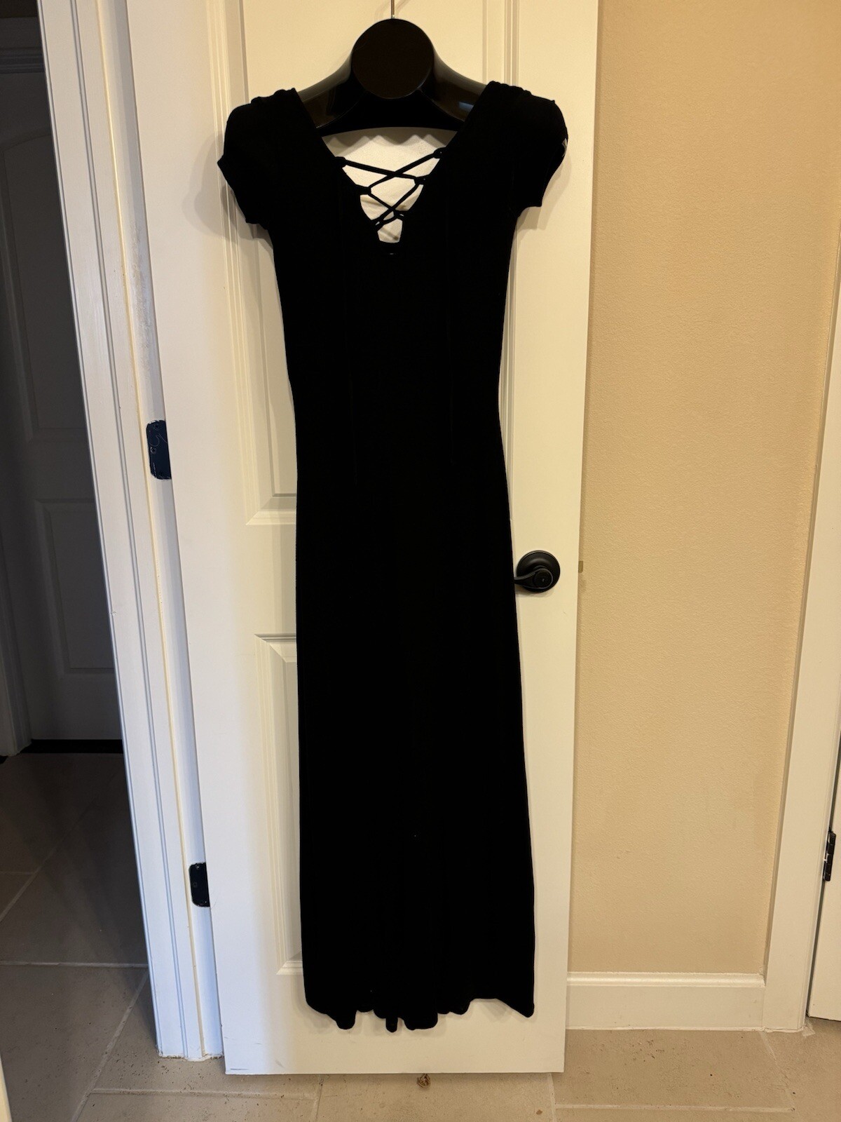 Velvet Torch Maxi Dress Size XS Black Criss Cross Gathered Bottom Ultrasoft USA