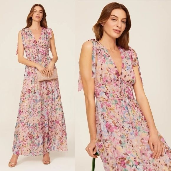 Shoshanna Zahra Silk Floral Tiered Maxi Gown 2 Metallic Tie Sleeve Dress $725
