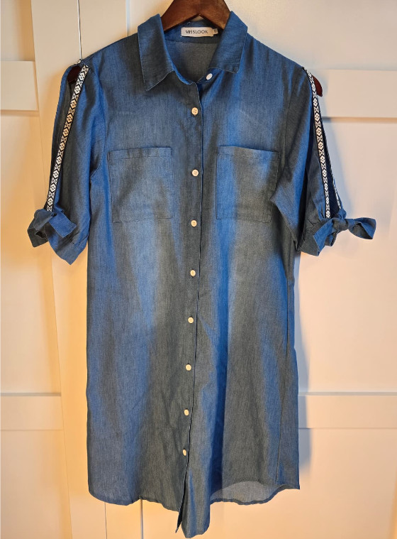 Misslook Womens Small Chambray Shirt Dress Blue Roll Tab Sleeve Tie Casual