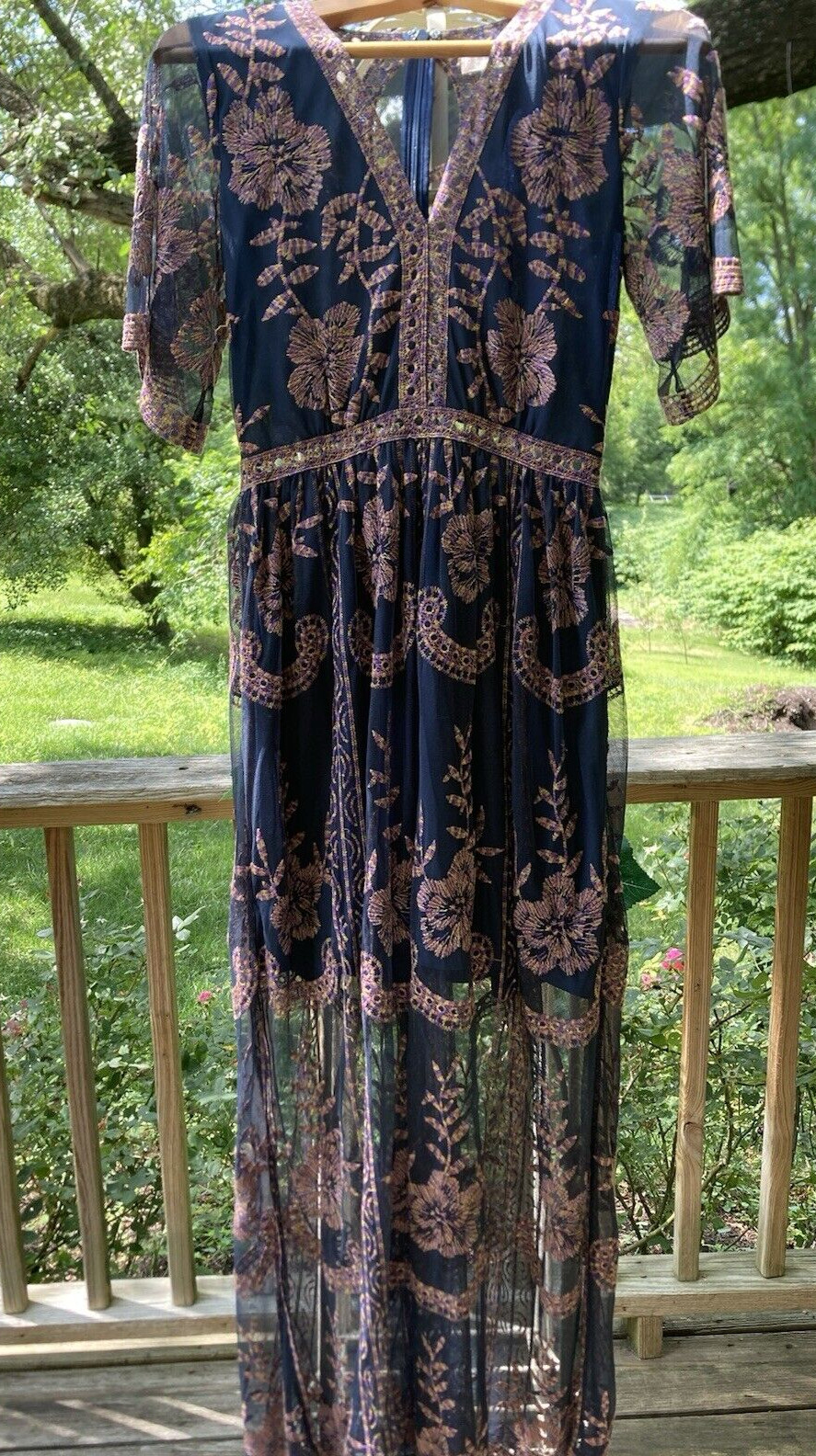 Altar’d State Mariska Maxi Dress Sz Small Black Multi Embroidery Stitched
