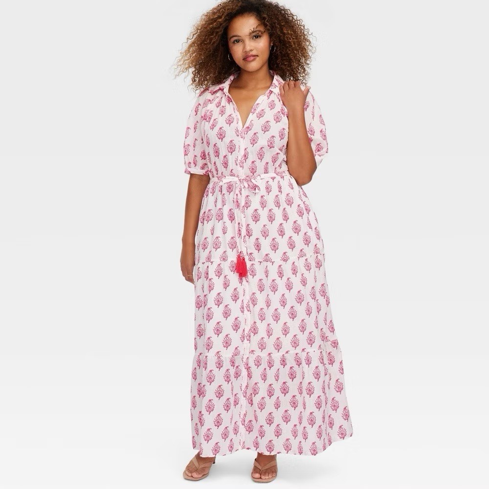 Women’s White Pink Floral Collared Puff Short Sleeve Tassel Maxi Dress, M