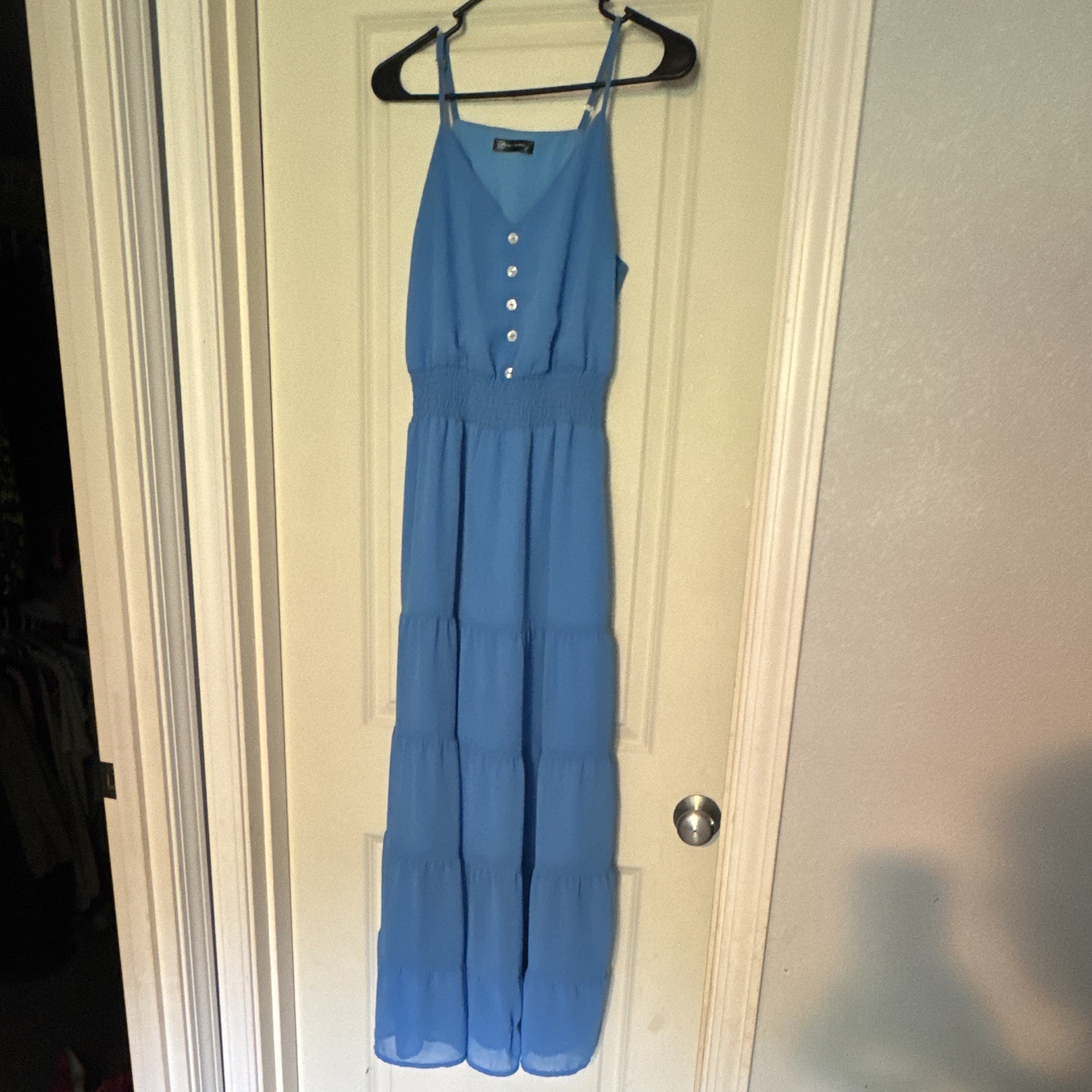 PRETTYGARDEN Blue Solid Maxi Dress S Sleeveless V-Neck Button Front Smocked