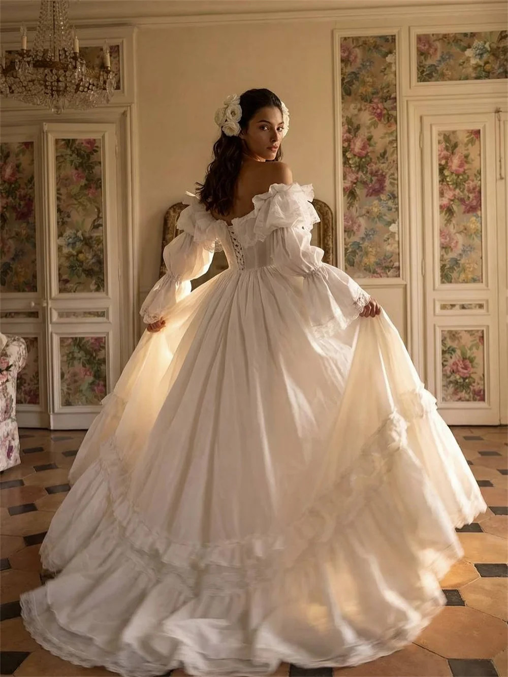 White Elegant Satin Off the Shoulder Custom WeddingParty LongSleeve Lace-Up Back
