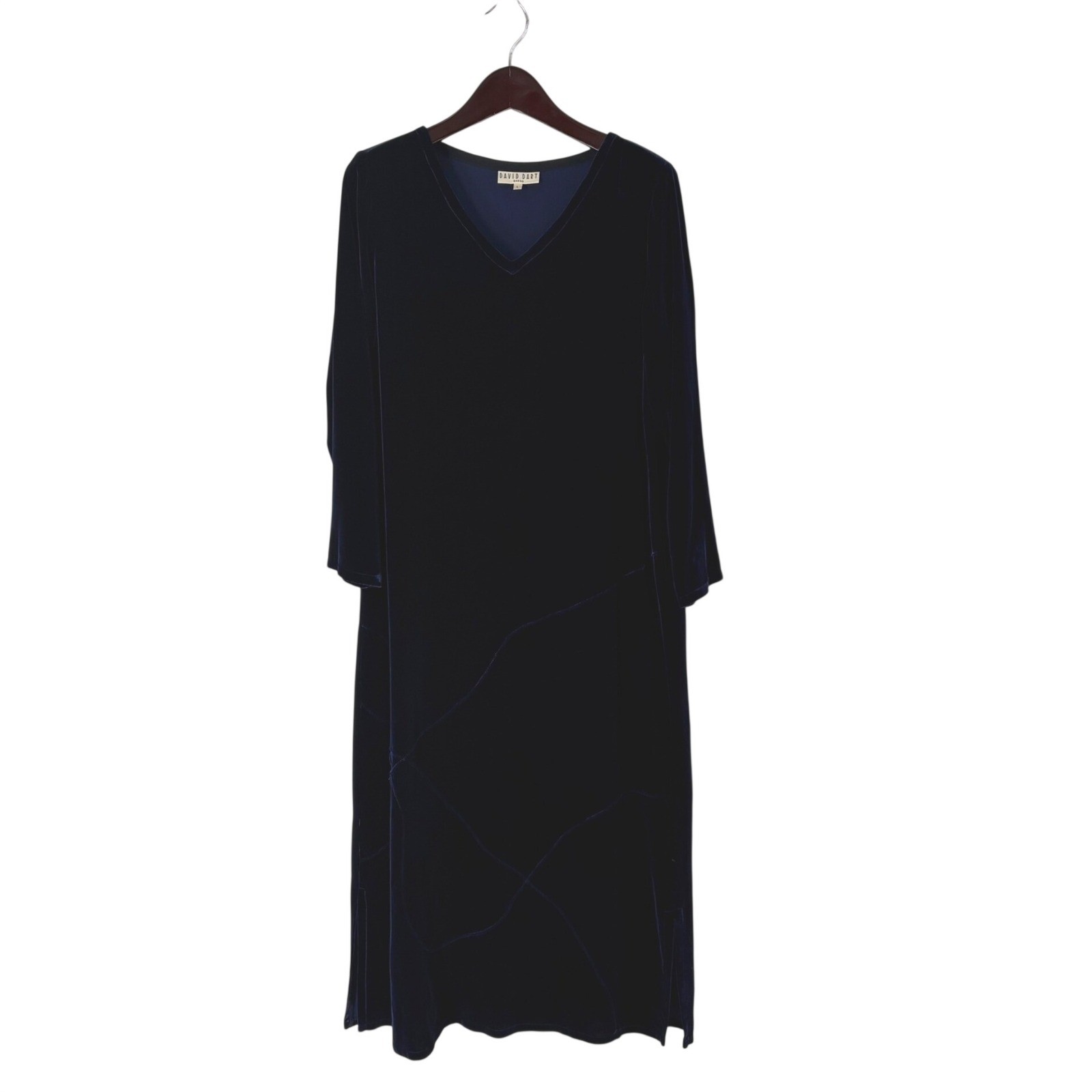 David Dart Navy Blue Silk Blend Velvet Vintage V-Neck Midi Dress L Long Sleeve