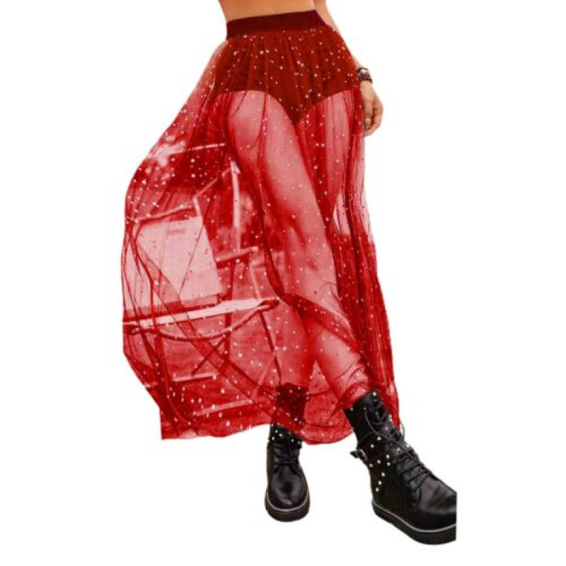 Womens Nightclub Sexy Perspective Pleated Lace Wrap Hip Mesh High Waist Skirt