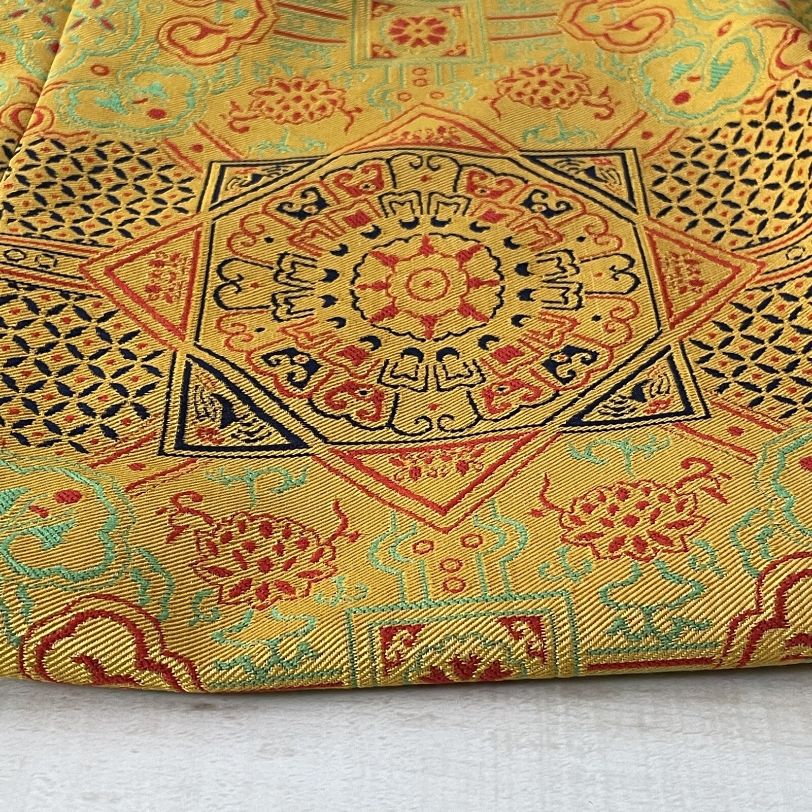 1960s ADELE SIMPSON Yellow Silk Blend Jacquard Chinese Inspired Dress VTG Rare
