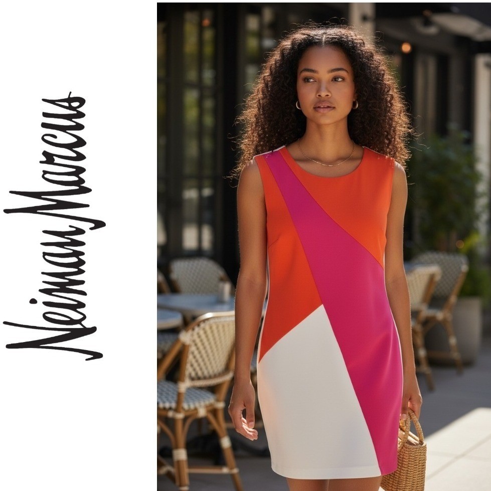 Neiman Marcus Womens Colorblock Sheath Dress Orange Pink White Size 6 D3075