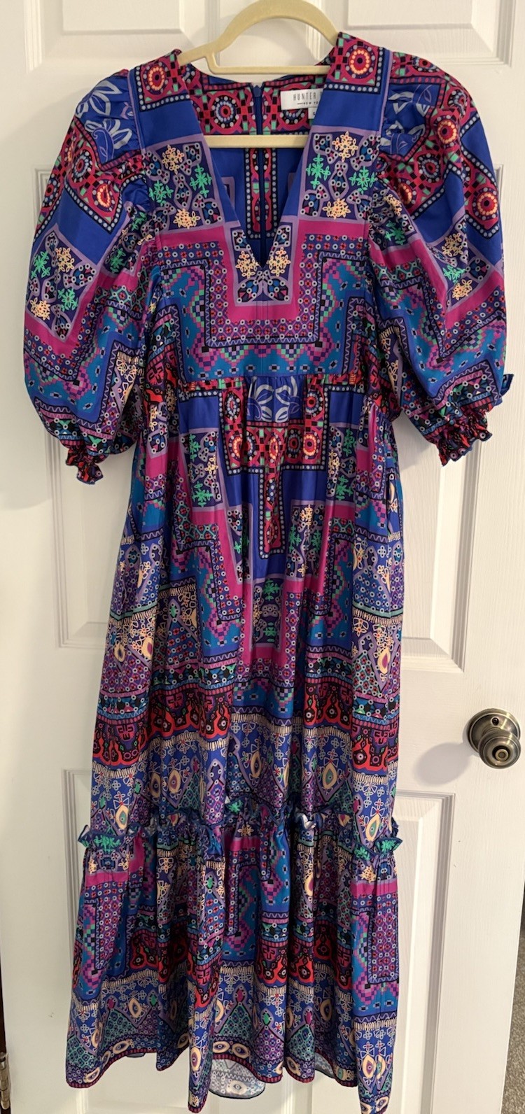 Hunter Bell Palmer Dress Puff Sleeve Midi Multi Talavera Patchwork Sz Small EUC