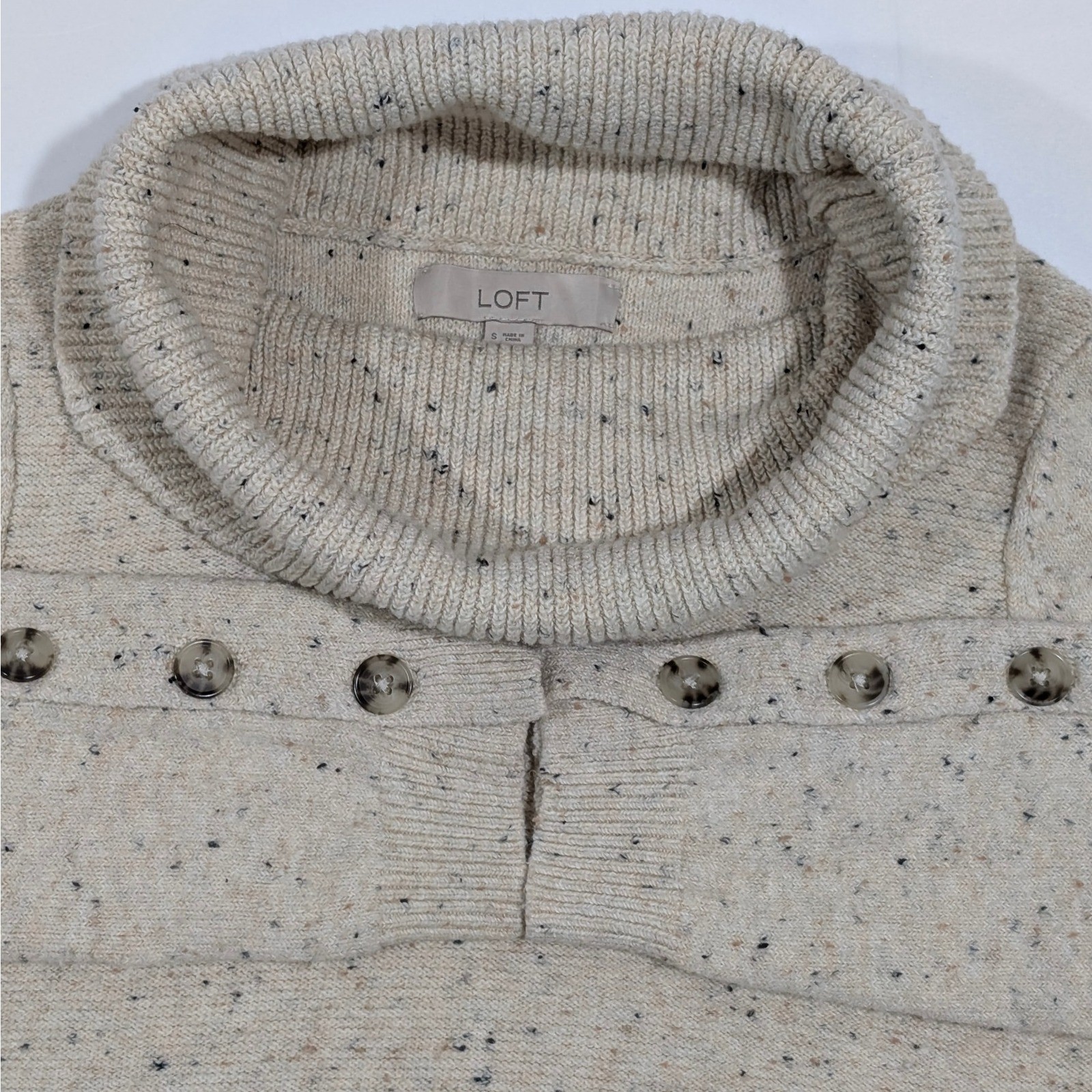 LOFT Women’s Cream Speckled Turtleneck Long Sleeve Sweater Dress Button Cuff S
