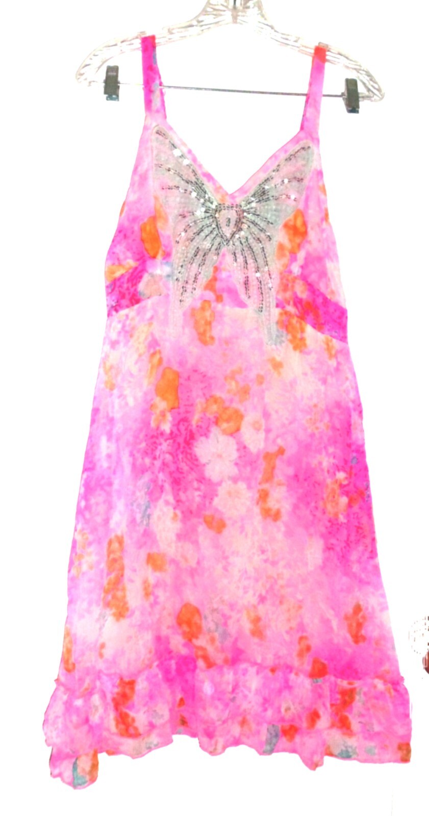 Soula Pink Watercolor Floral Dress w/Sequin Butterfly Neckline Adj Straps Large