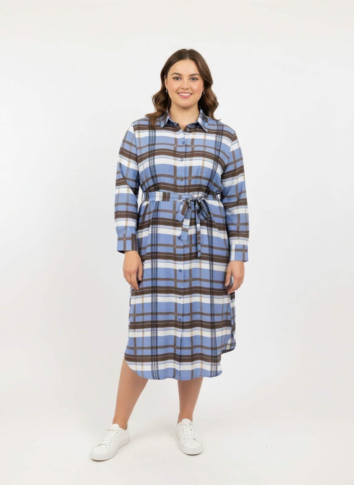 Button Front Midi Shirt Dress With Self Tie Belt