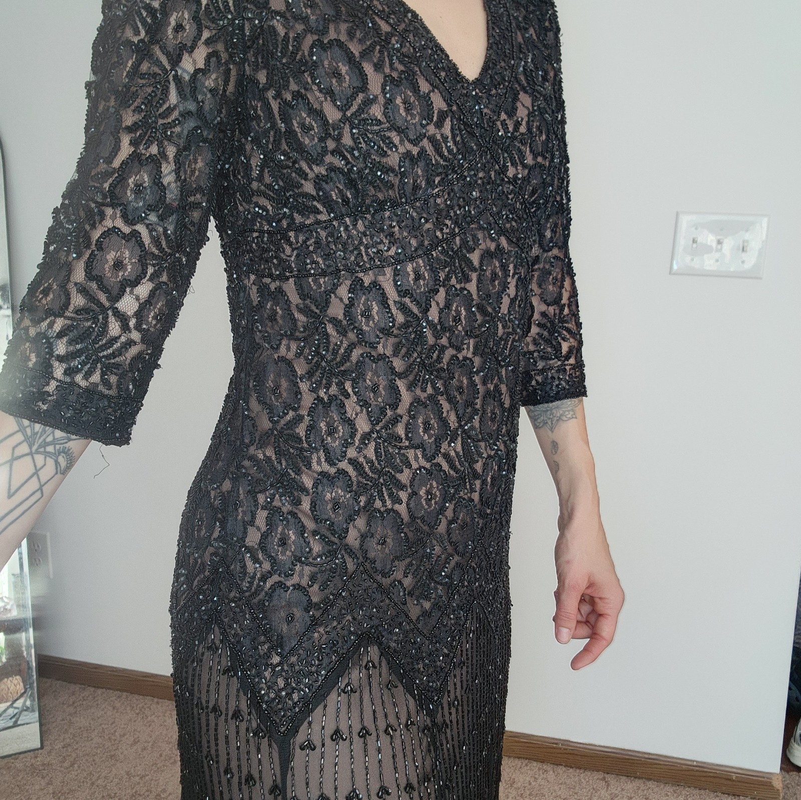 Pisarro Nights Black Floral Beaded Drop Waist Midi Dress Size 12