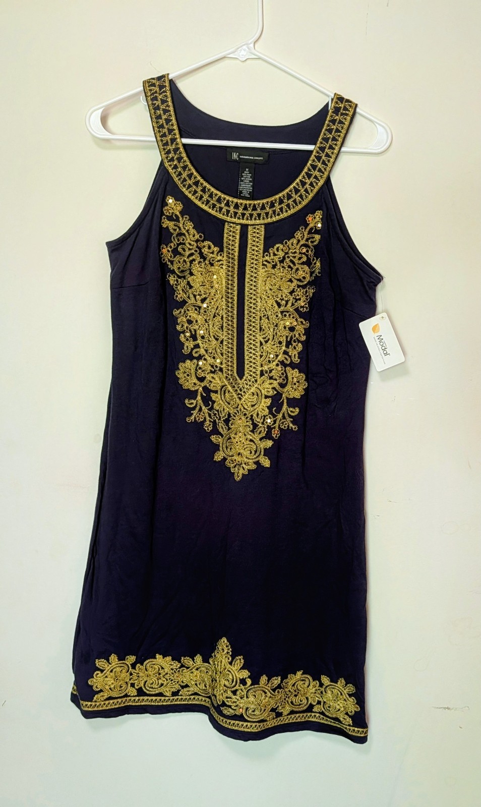 I.N.C. International Concepts Shift Dress Scoop Neck Sleeveless Knee Navy Gold M