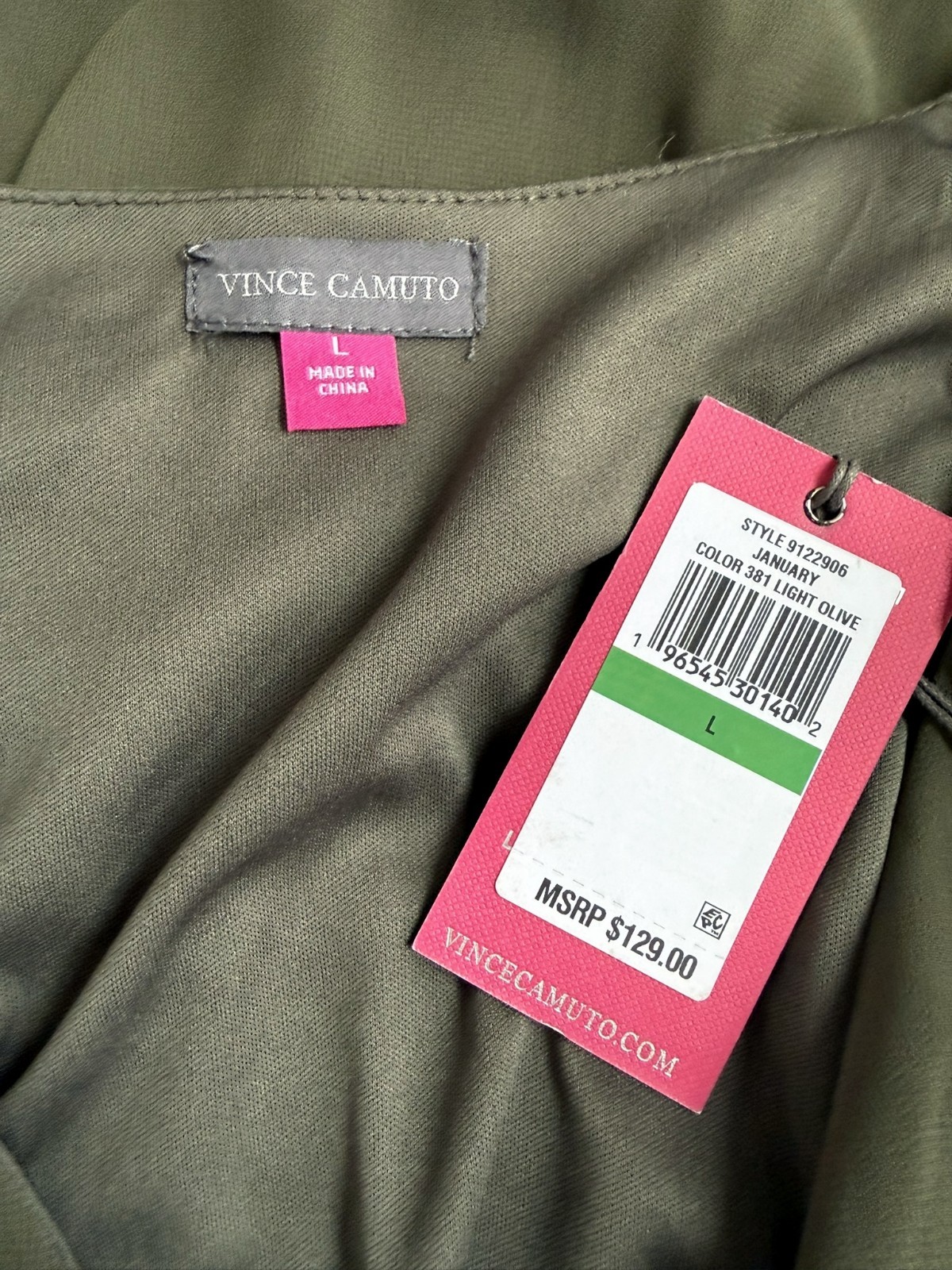 NWT Vince Camuto Women’s L Khaki Green Fit & Flare Faux Wrap Dress w Ruffle Hem