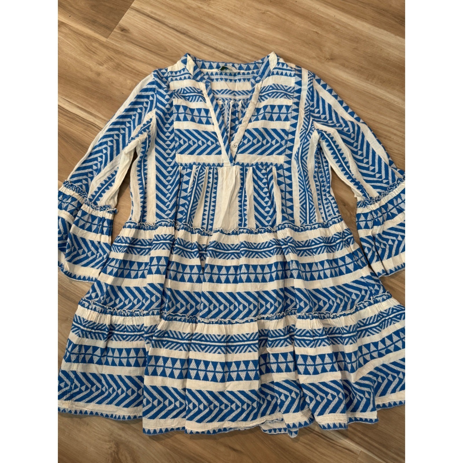 Devotion Twins Ella Blue White Geometric Cotton Tiered Mini Dress Boho Small d1