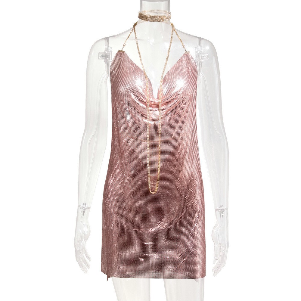 Hot Metal Chain Halter Women Backless Mini Dress High Slit Night Dress Party