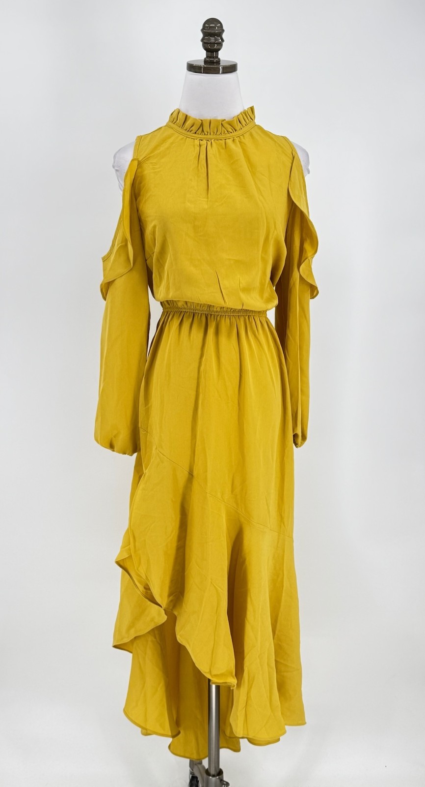 Hayden Los Angeles Mustard Yellow Cold Shoulder Mock Neck Blouson Dress Sz L NEW