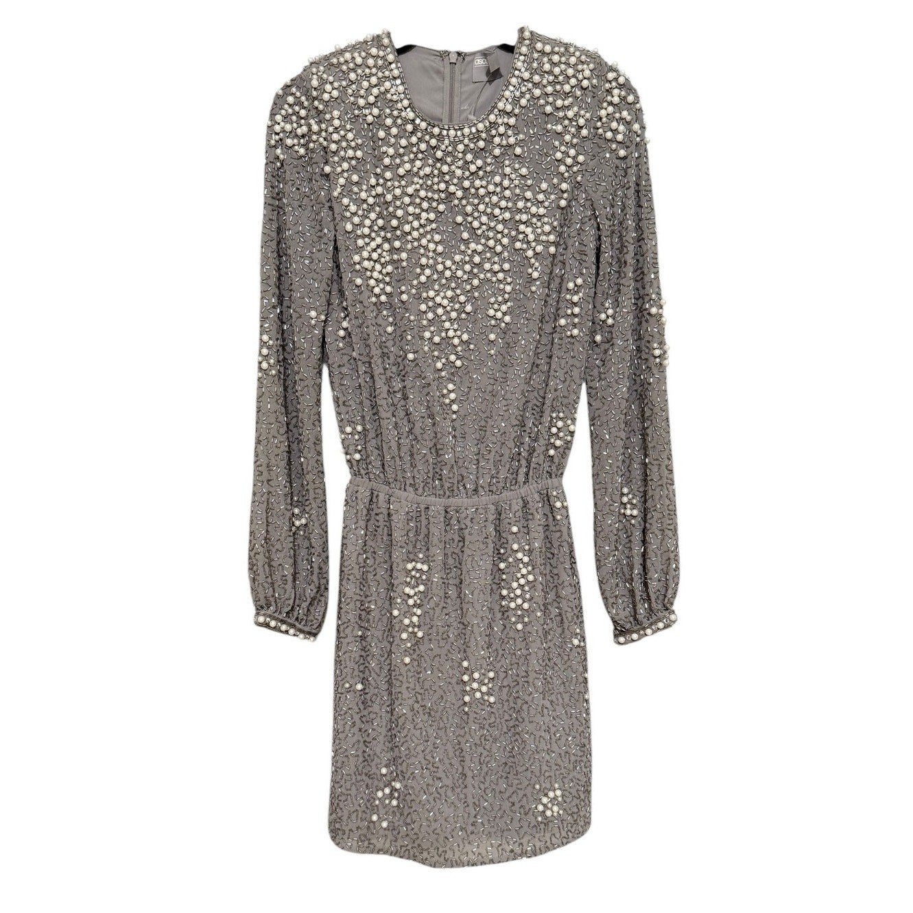 ASOS Silver Pearl Embellished Beaded Cocktail Mini Dress Long Sleeve Party 0