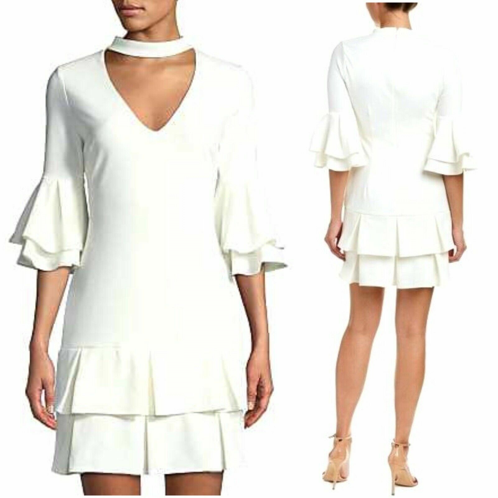 Alexia Admor Keyhole Ruffle Pleated Dress OFF White Boston Proper SZ 8 NEW