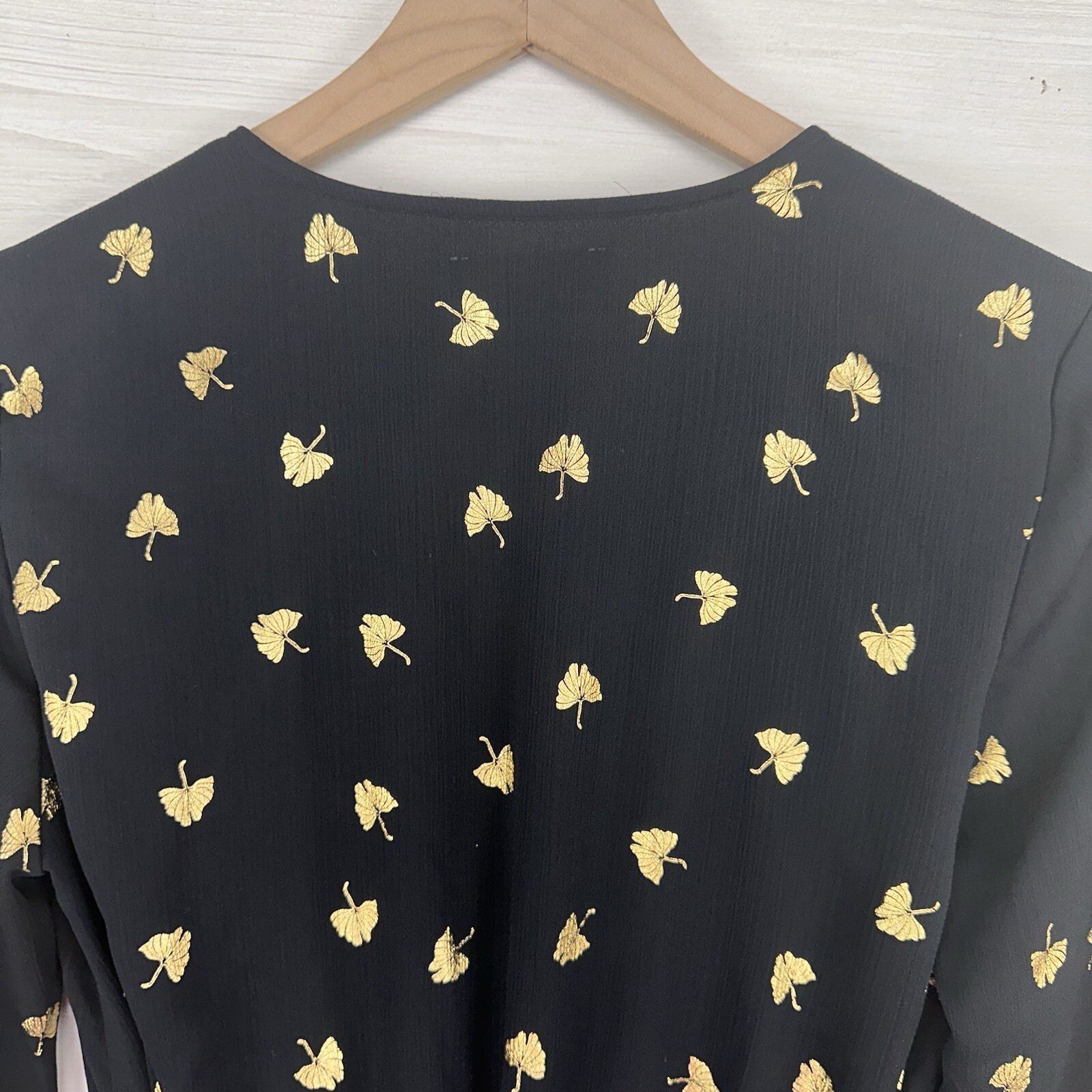 & Other Stories Mini Wrap Dress Size 0 Black Gold Leaves Long Sleeve Twee