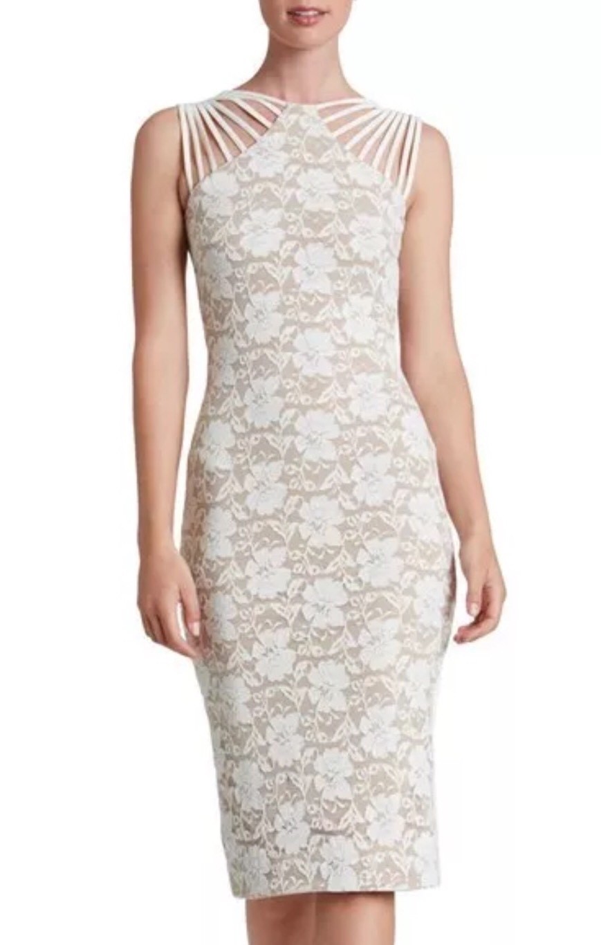 New DRESS THE POPULATION GWEN LACE MIDI NUDE/IVORY LACE SHEATH DRESS SZ S