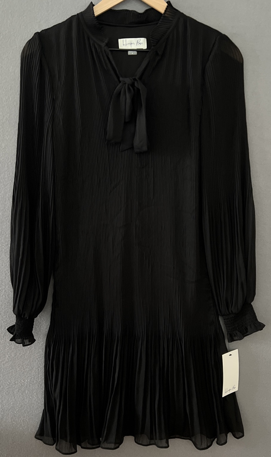 Harper Rose Size 4 Black Long Sleeve Bow Dress lined pleated NWT