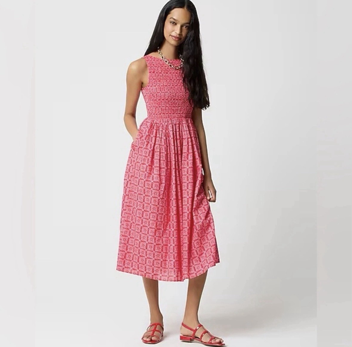 J. CREW Dress Smocked Boatneck Midi Cerise Lotus Bloom Small Red 2025 CK672 W965