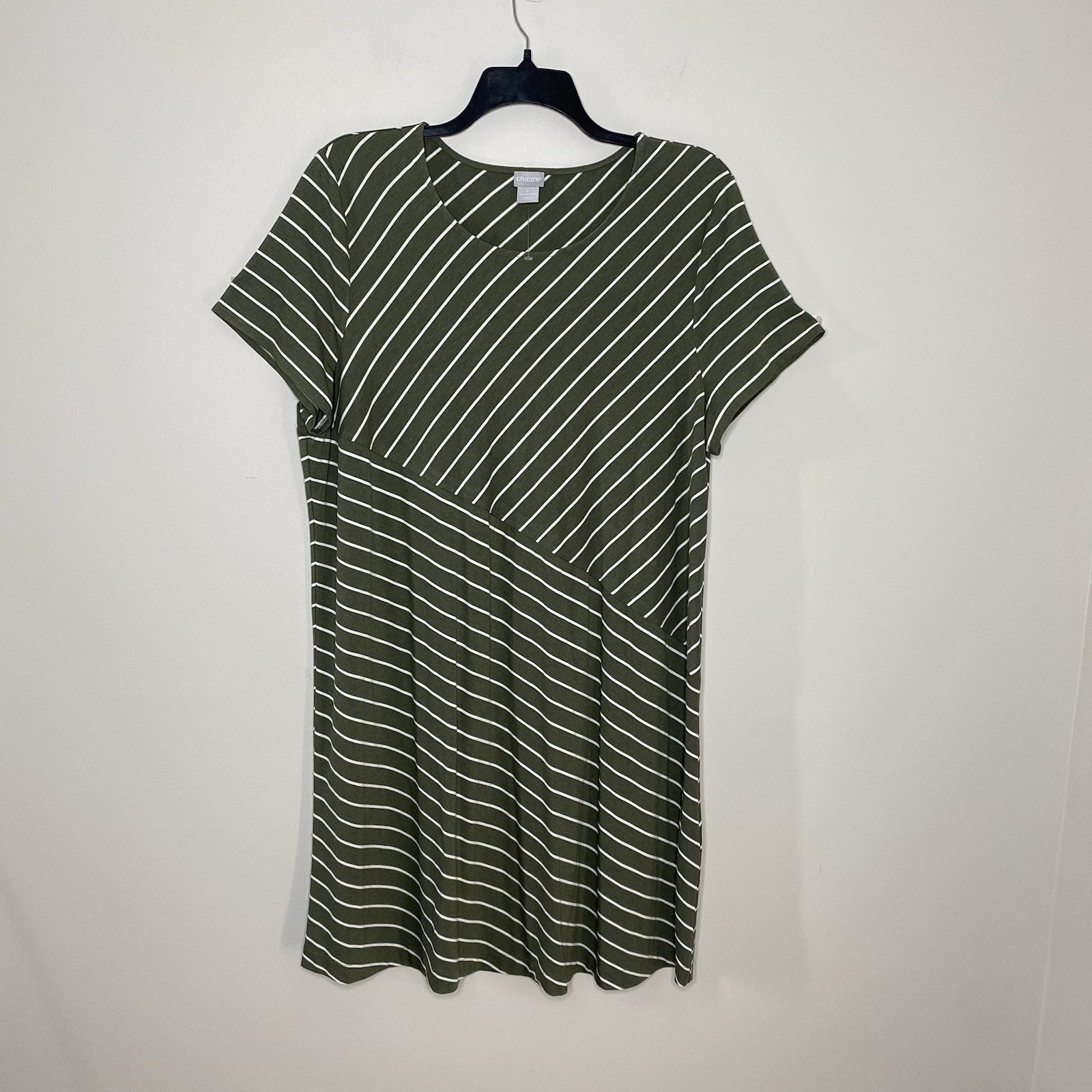 Chico’s Spliced Striped A Line Stretch Dress Sage Green White Size 4 U.S 20/22