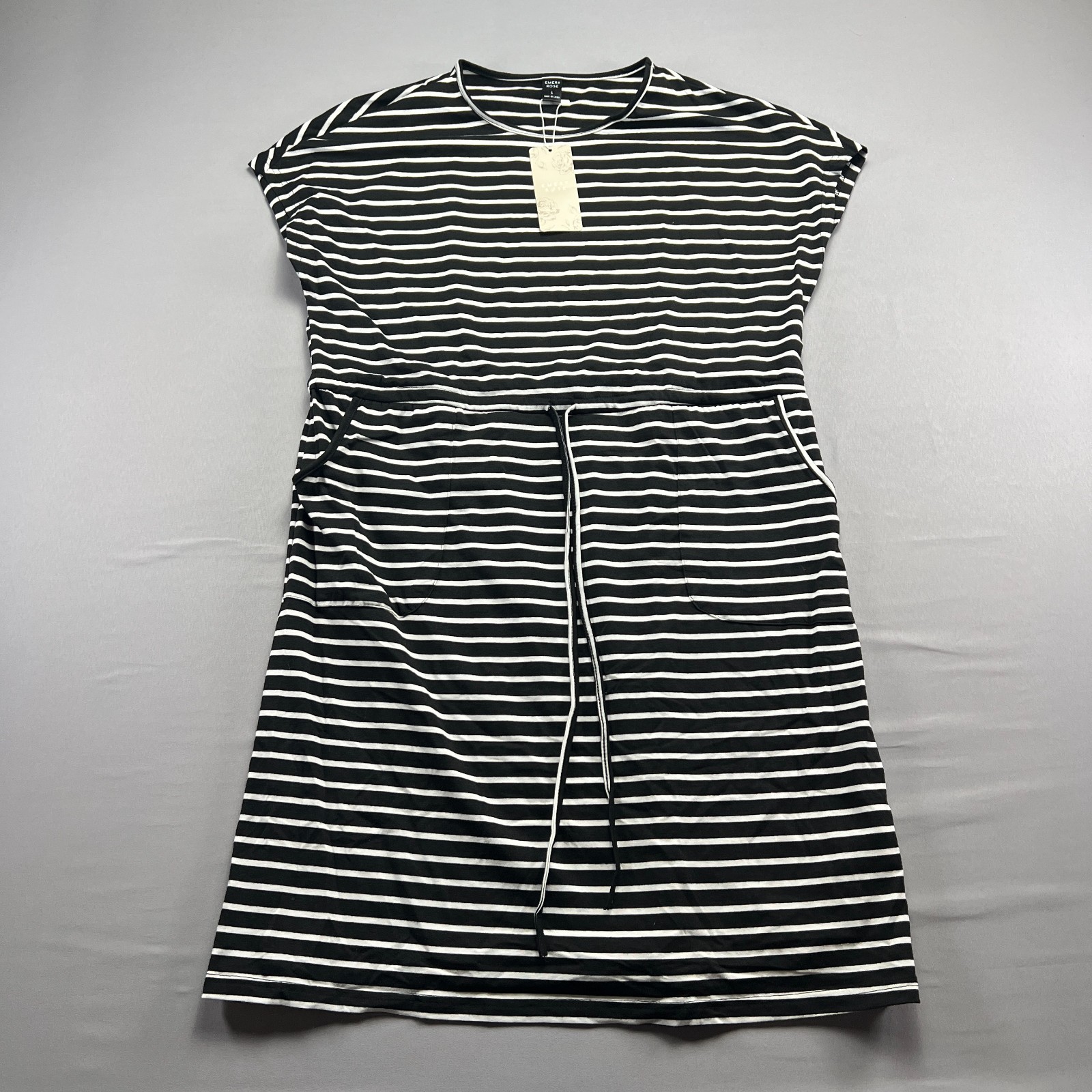 Emery Rose Sheath Dress Women L Black White Stripe Drawstring Waist Slant Pocket