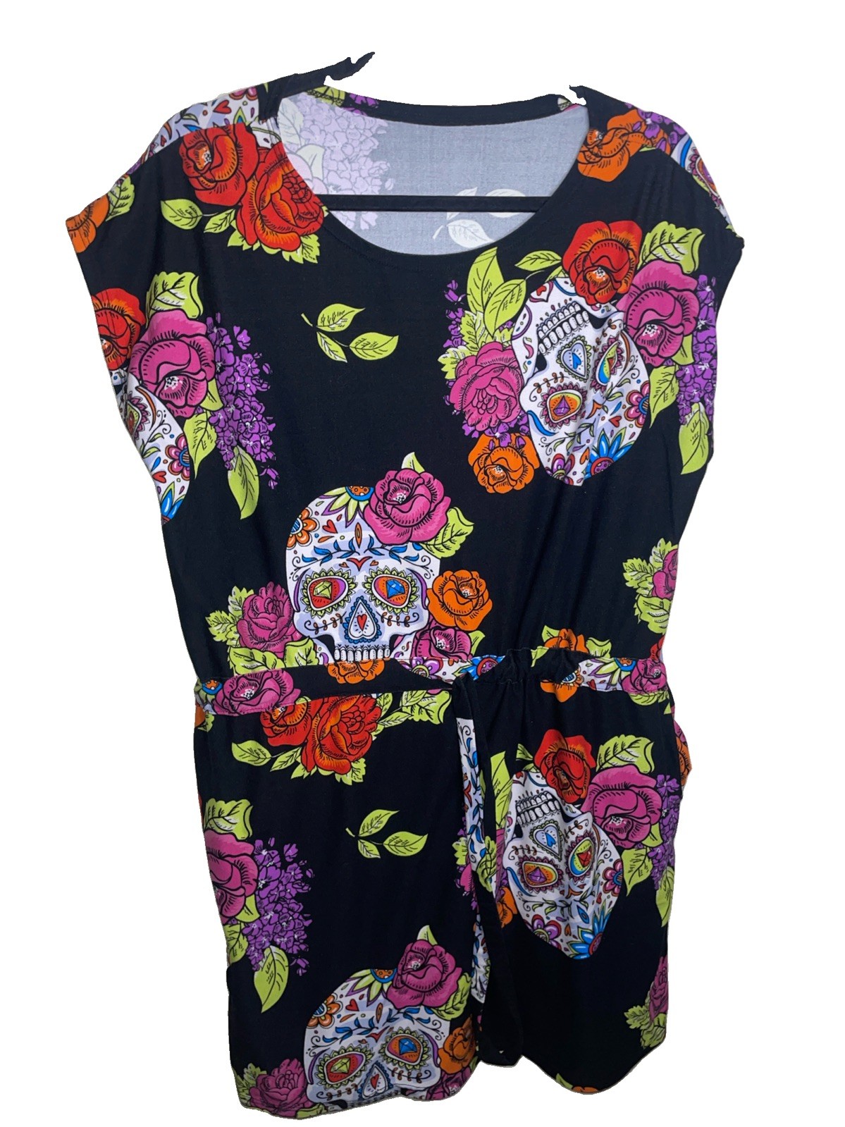 Sugar Skull Floral Dress Women’s Short Sleeve Elastic Waist Tie Size Unknown