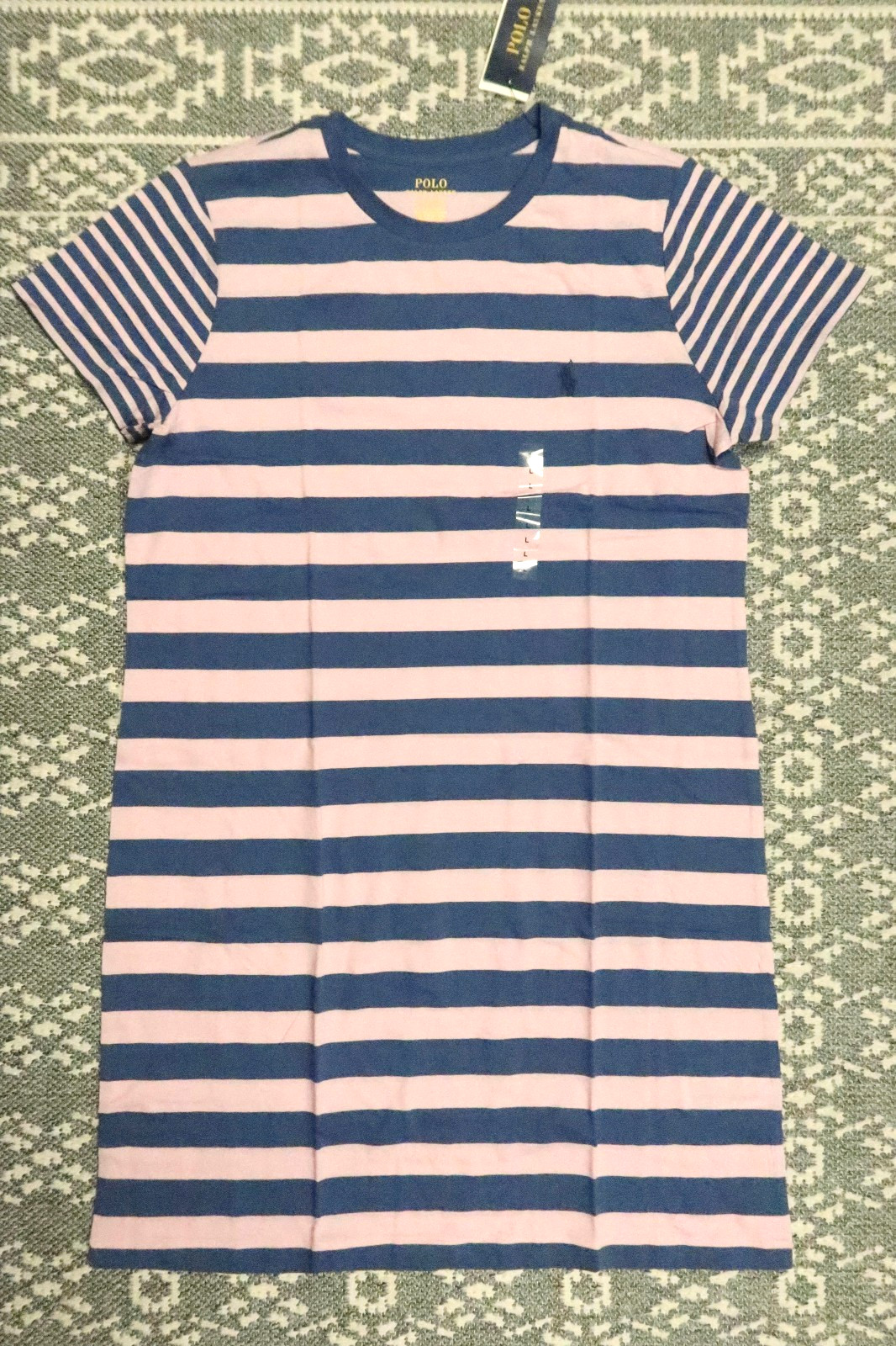 New Polo Ralph Lauren Women’s Striped T-Shirt Dress – LARGE – Pink / Blue