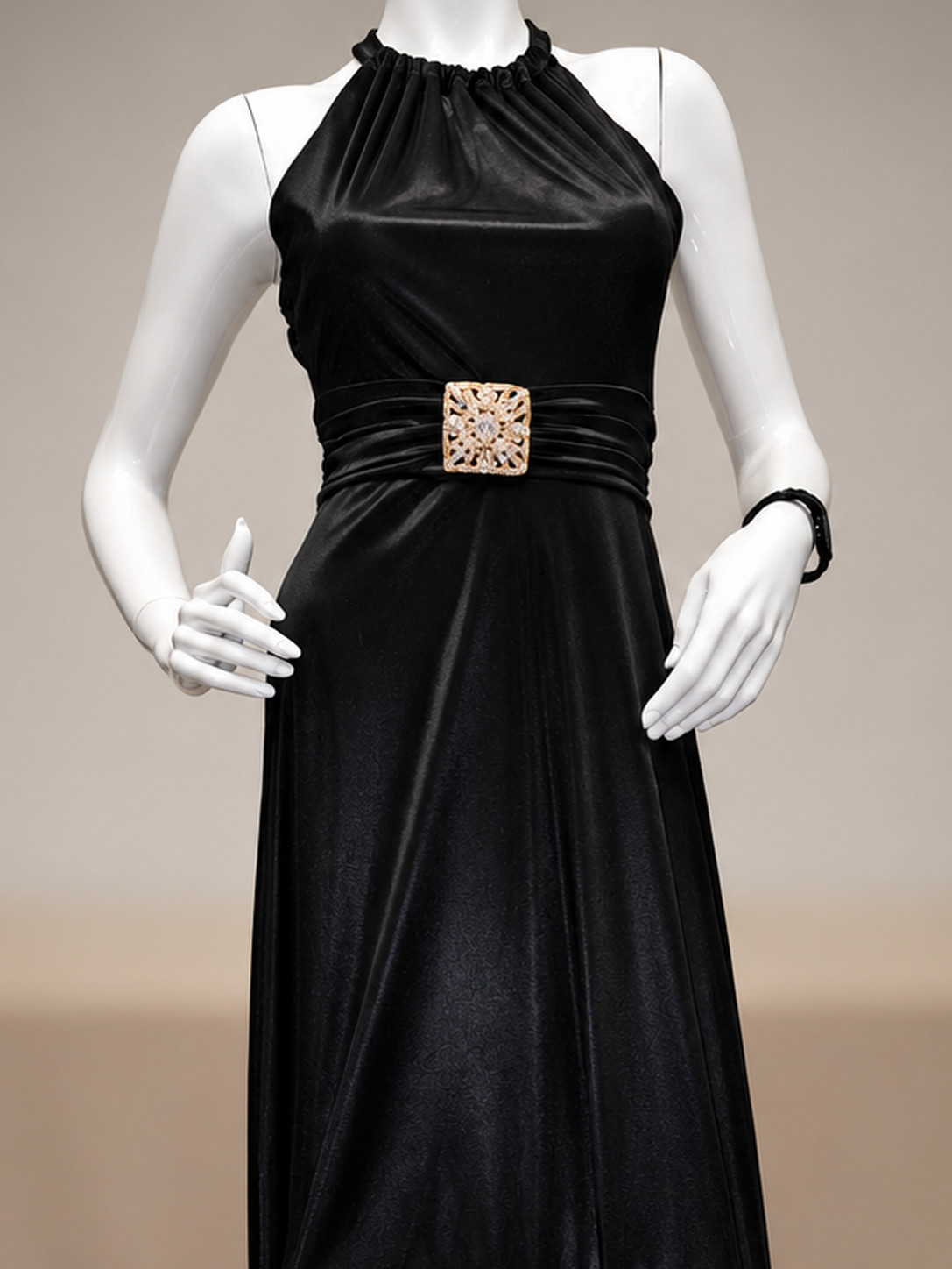 Black halter top satin stretch evening gown maxi with empire waist Size Small 4