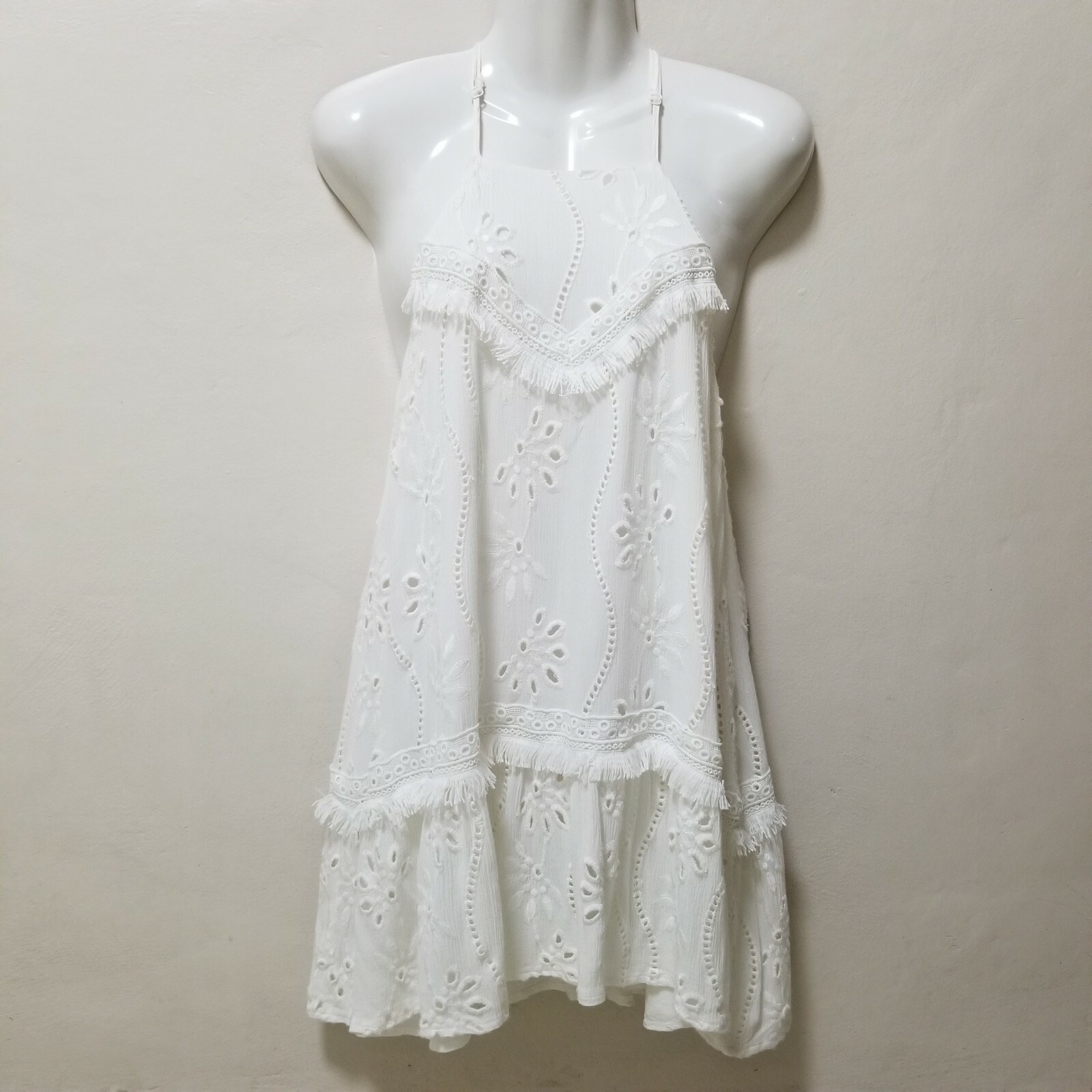 Sugar Lips Women Dress Halter Sleeveless Mini White Lace Frayed Racerback S
