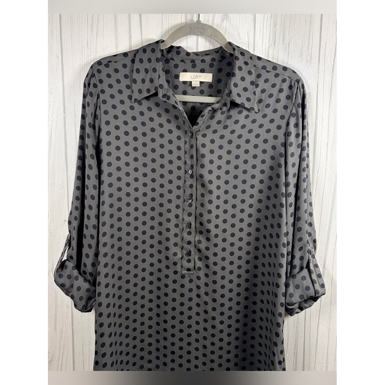 LOFT Lightweight Grey and Black Polka-Dot Mini Shift Shirt Dress, Medium