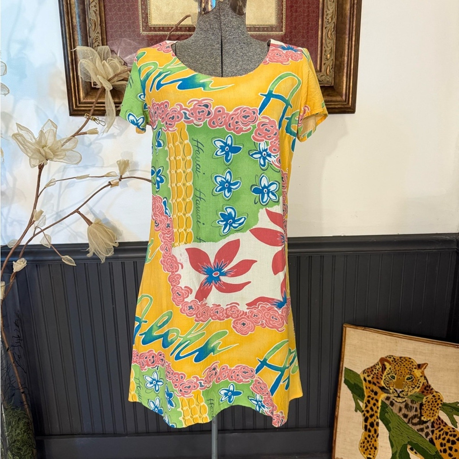 Jams World Hula Moon Colorful Hawaiian Floral Print Mini Dress ~ Size XS 💚🍄