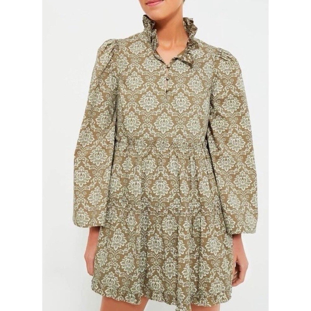 Tuckernuck Hyacinth House Moss Printed Russell Bell Sleeve Tier Mini Dress NWT M