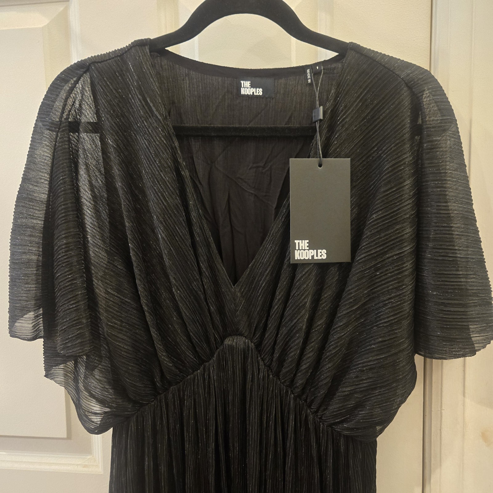 NWT The Kooples Black Lurex Jersey V-Neck Short Sleeve Pleated Maxi Dress Size 1