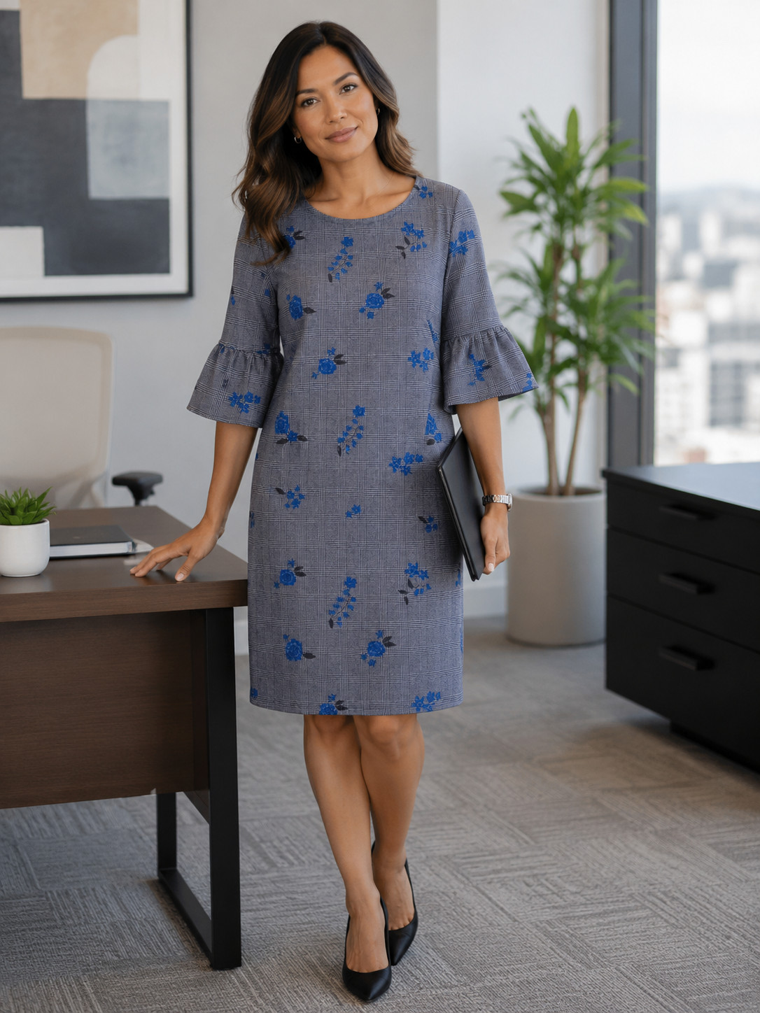 Dip Women’s A-Line Sheath Dress Size XL Gray Blue Floral Print Scuba Knit Office