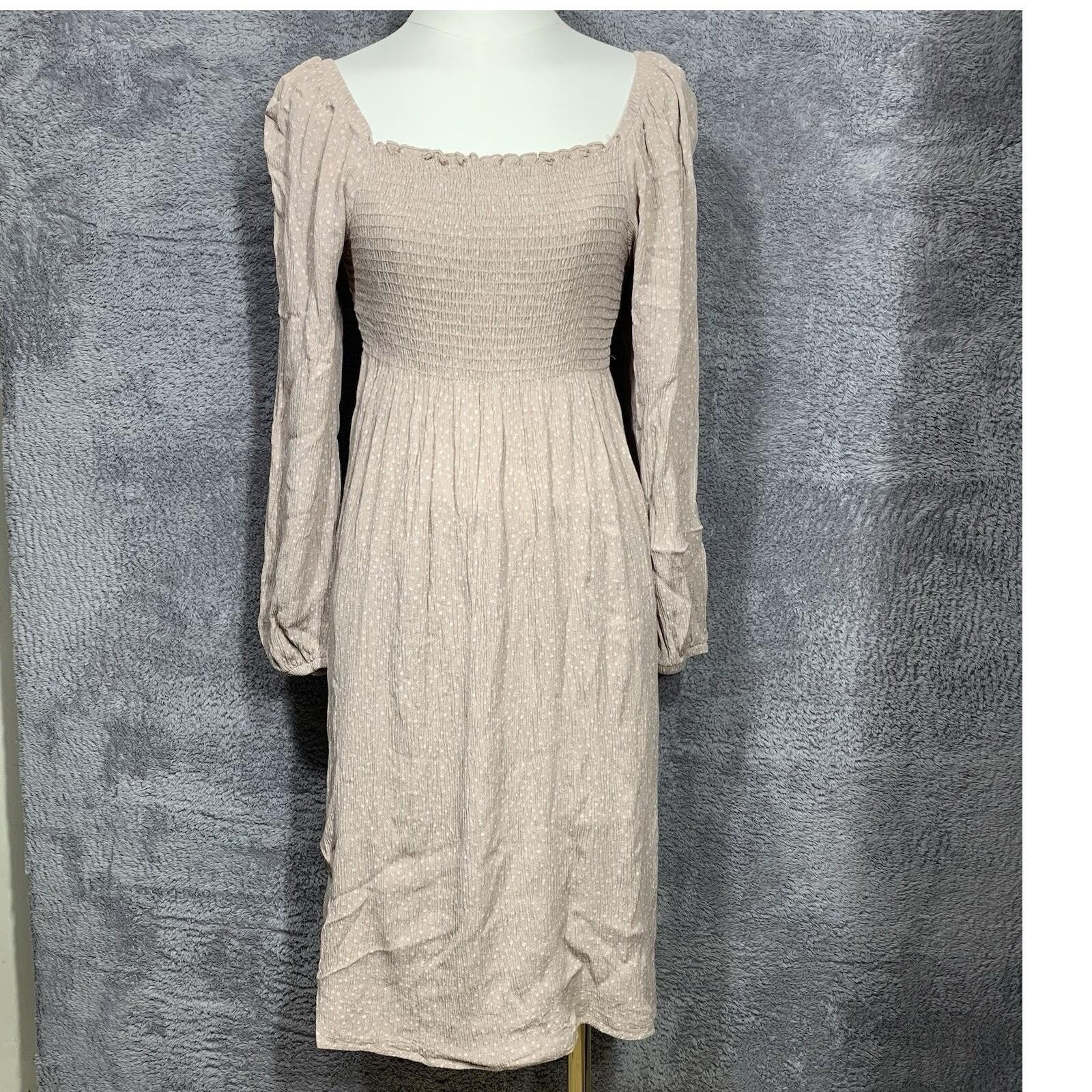 NLT Smocked Midi Dress WomensMedium Tan Polka Dot Square Neck Long Sleeve ND7263