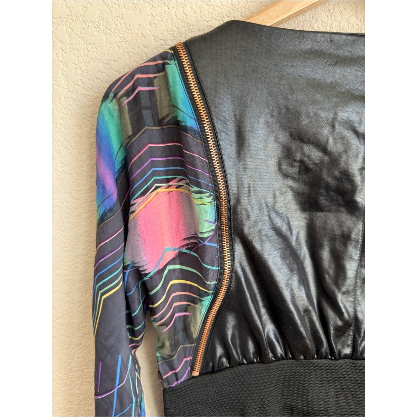 Topshop Unique Faux Leather Silk Sleeve Mini Dress UK 6 US 2 Zip Goth Punk Flaws