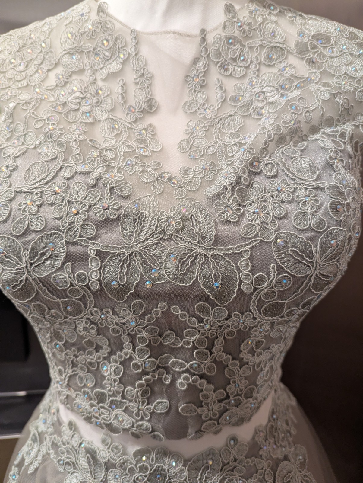 May Queen Size 12 Gray Beaded Embroidered Tulle V-Neck A-Line Knee Dress